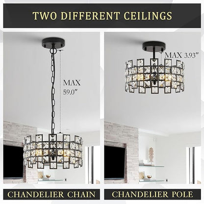 CATINER Black Crystal Pendant Light, 12'' Round 4-Light Modern Chandelier, Semi Flush Mount Ceiling Light for Kitchen Island, Dining Room, Bedroom, Entryway, Hallway, Foyer