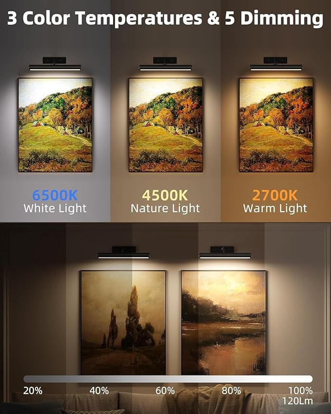 EZVALO 13 Inch Wireless Picture Lights, 4000mAh Rechargeable Battery RGB Colors Lights with Remote, Dimmable 3 Color Temps LED Painting Lights for Living Room, Bedroom (Black, 2Pack)