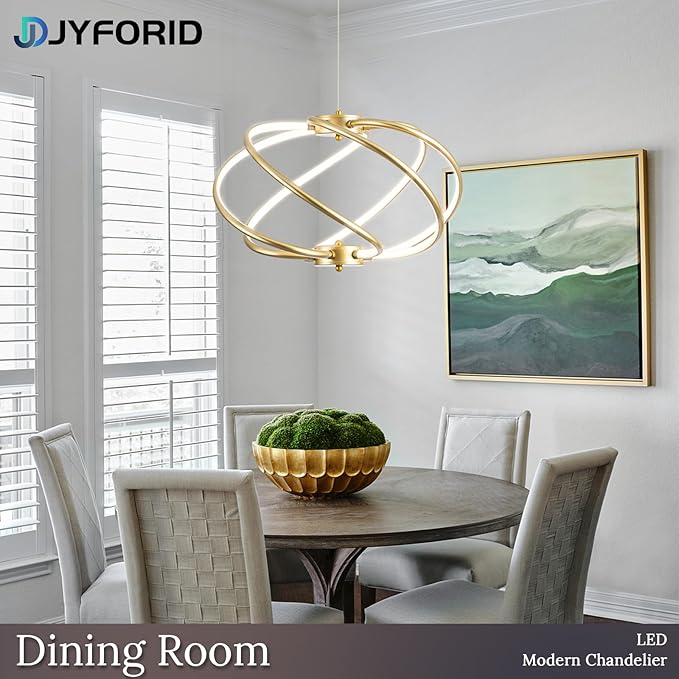Gold Modern Chandelier with Remote Control, 48W 3-Color Temperature Dimmable LED Chandelier for Dining Room, Hanging Adjustable Pendant Light for Living Room Kitchen Foyer Entryway
