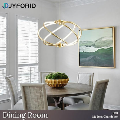 Gold Modern Chandelier with Remote Control, 48W 3-Color Temperature Dimmable LED Chandelier for Dining Room, Hanging Adjustable Pendant Light for Living Room Kitchen Foyer Entryway