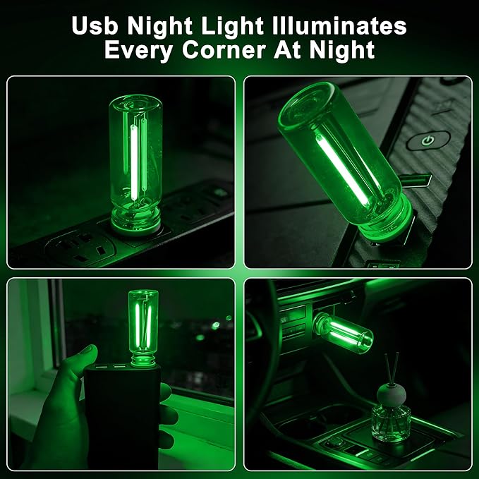 2 Packs USB Light for Car, Touch Dimmable Car Interior Ambient Lights - Portable Mini USB LED Light Bulb, Retro Glass Bottle Night Light for Vehicle, Bedroom, Hallway, Camping(Green)