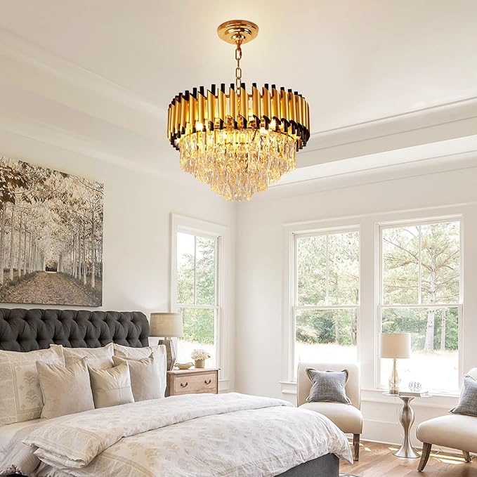 Depuley Modern Gold Crystal Chandelier: 6-Light Flush Mount Chandelier 12 Inch 4-Tier Luxury Round Hanging Pendant Light Fixture for Porch Bedroom Dining Room Foyer Included Bulbs