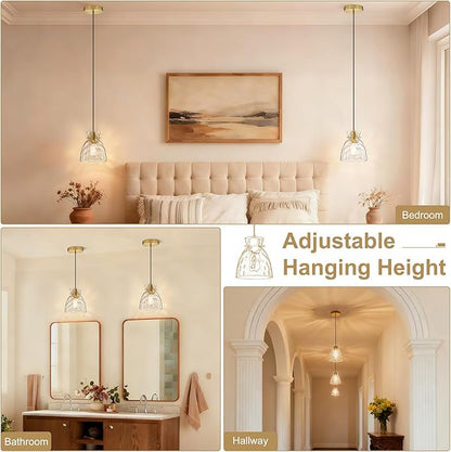 Black Gold Pendant Lights Kitchen Island 2 Pack, 5.9" Small Mini Brushed Brass Hammered Glass Pendant Light Fixtures, Modern Hanging Lights Kitchen Pendant Lighting over Sink Bathroom Dining Room