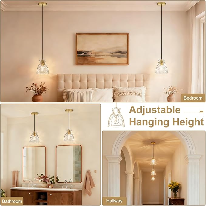 5.9” Mini Black Gold Pendant Lights Kitchen Island Lighting, Single Brass Hammered Glass Pendant Light Fixtures, Adjustable Modern Hanging Lights Kitchen Pendant Lighting over Island Sink Bathroom