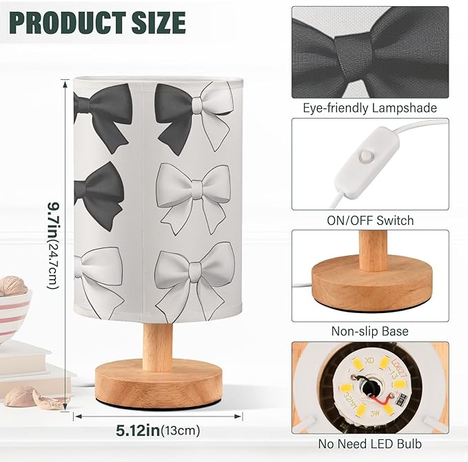 Bedside Table Lamp Black White Bows Nightstand Lamp with Wood Desk Lamps for Bedroom Living Room Nursery Office Home Decor
