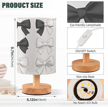 Bedside Table Lamp Black White Bows Nightstand Lamp with Wood Desk Lamps for Bedroom Living Room Nursery Office Home Decor