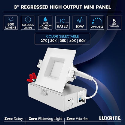 LUXRITE 3 Inch Square LED Recessed Ceiling Light with Junction Box, 10W, 5CCT Selectable 2700K/3000K/3500K/4000K/5000K, 800LM High Brightness, Dimmable Canless Downlight, Wet Rated, ETL (4 Pack)