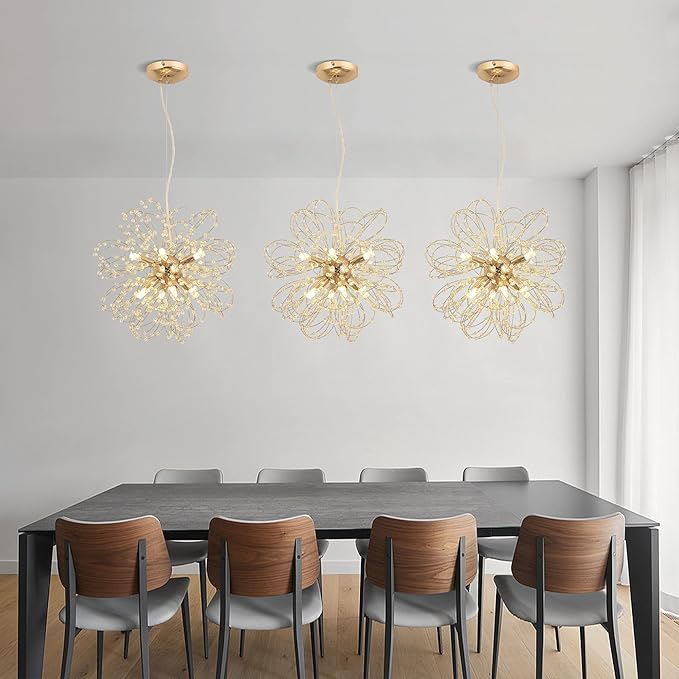 Firework Crystal Chandeliers, 8-Light Dandelion Gold Chandelier for Dining Room, Sputnik Small Chandeliers Light Fixture for Bedroom, Living Room, Kitchen, Restaurant