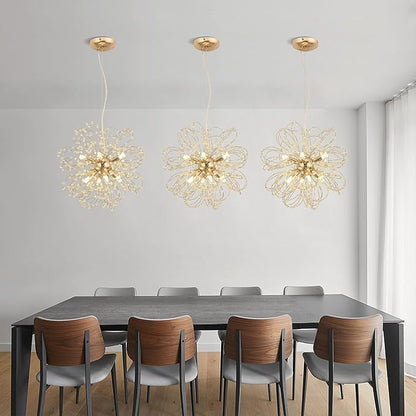 Firework Crystal Chandeliers, 8-Light Dandelion Gold Chandelier for Dining Room, Sputnik Small Chandeliers Light Fixture for Bedroom, Living Room, Kitchen, Restaurant