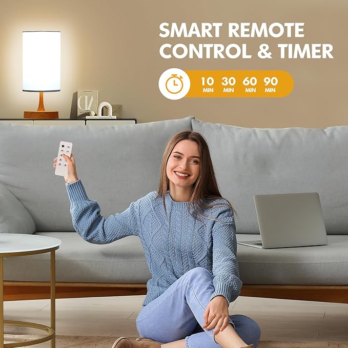 Caromolly Light Therapy Lamp, 10000 Lux Light with Remote Control, 3 Color Temperature & 4 Brightness Level & Timer, Daylight Lamp for Home, Office, Decoration(Wood Base White Shade)