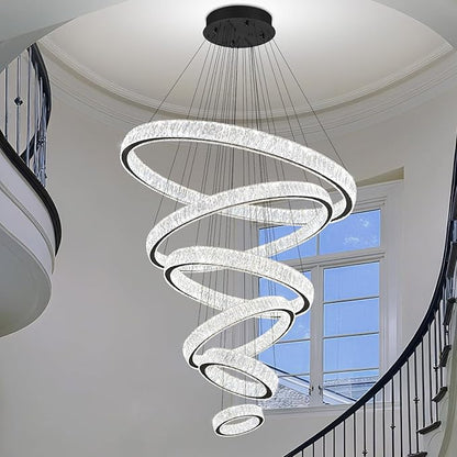 Extra Large 6 Ring Crystal Chandelier Modern LED Long Crystal Chandelier for High Ceiling Height Adjustable Black D8+15.7"+23.6"+31.5"+39.4"+47.5" Dimmable 2700K-6000K