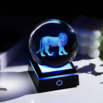 Arikyrist 3D Lion Figurine Crystal Ball with LED Base Laser Lion Gifts for Men Women on Christmas Birthday Decorative Lion Statue Ball Glass Animals Globe Night Light for Home Decor (80mm)