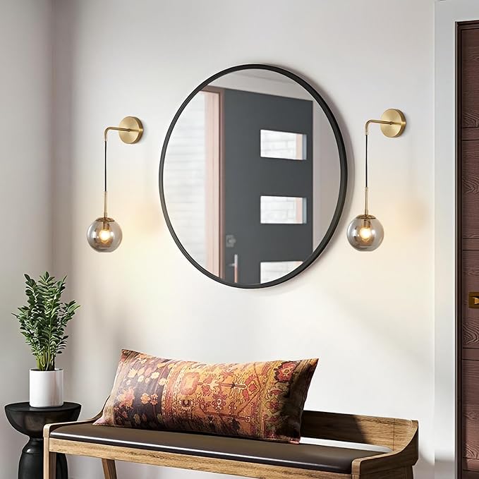 BOKT Mid Century Modern Wall Sconce Gold Wall Sconce Light Smoke Gray Glass Round Wall Lighting Fixture Brushed Brass Minimalist Adjustable Bar Wall Lamp (Gold+Smoky Grey)