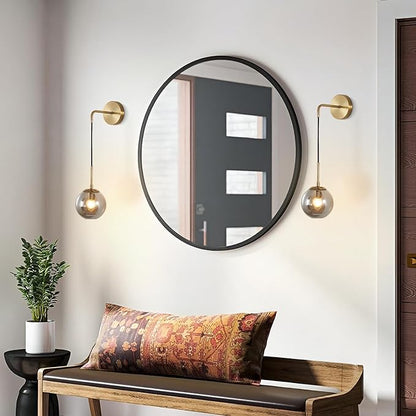 BOKT Mid Century Modern Wall Sconce Gold Wall Sconce Light Smoke Gray Glass Round Wall Lighting Fixture Brushed Brass Minimalist Adjustable Bar Wall Lamp (Gold+Smoky Grey)