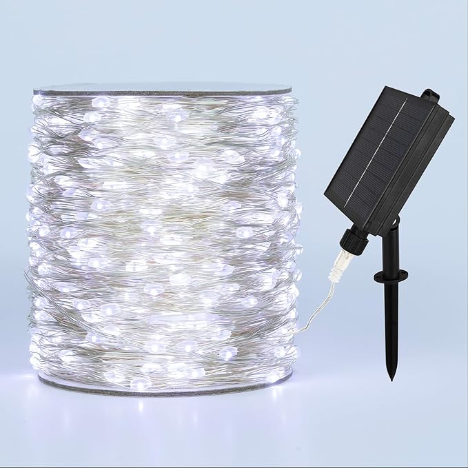 Solar String Lights for Outside,200FT 600 LEDs Solar Fairy Lights,Waterproof 8 Modes Button Outdoor String Light for Patio Garden Backyard Tree Wedding Christmas,Silver Wire,Cool White