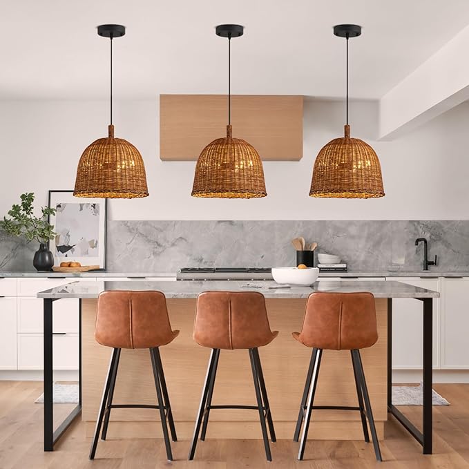 HUEHENGHAO 3-Light Dark Brown Rattan Pendant Light, 13.78" Basket Chandelier Farmhouse Wicker Pendant Light, Basket Wicker Chandelier for Dining Room Kitchen Island Living Room Famhouse