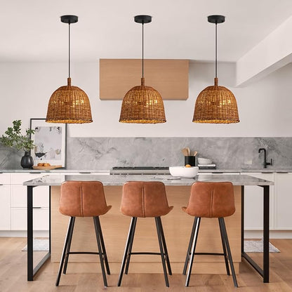 HUEHENGHAO 3-Light Dark Brown Rattan Pendant Light, 13.78" Basket Chandelier Farmhouse Wicker Pendant Light, Basket Wicker Chandelier for Dining Room Kitchen Island Living Room Famhouse