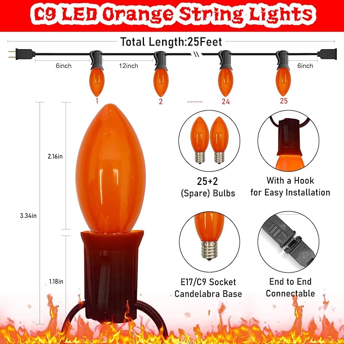 SUNSGNE C9 LED Halloween Orange String Lights 25FT Outdoor String Lights with 27 0.6W LED Plastic Bulbs(2 Spare) for Patio Garden Roofline Backyard Decorations, Black Wire