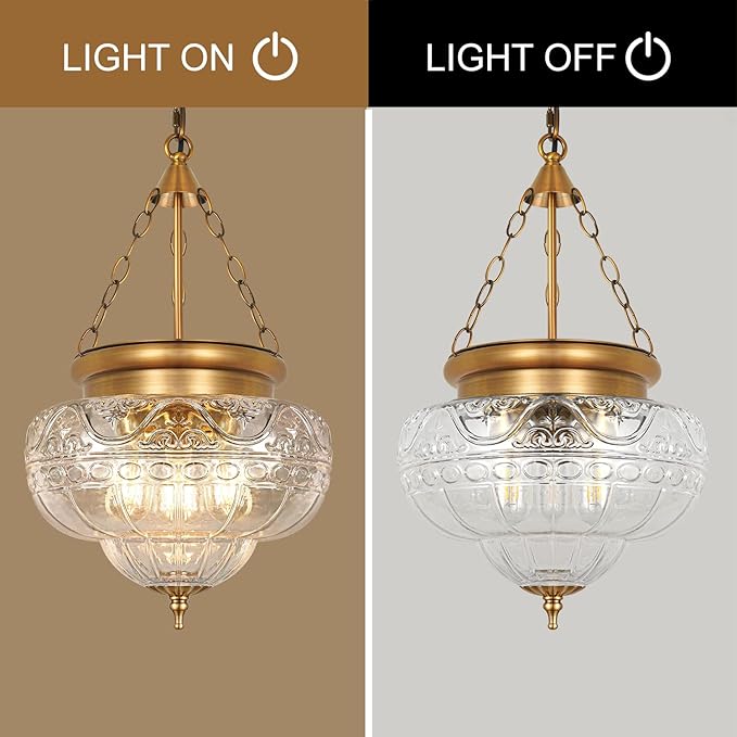 3-Light Brushed Antique Brass Pendant Light Fixtures with 12In Unique Thickened Glass, Vintage Pendant Lights Kitchen Island with Adjustable Chain, Hanging Light Fixtures for Entryway, E26*3