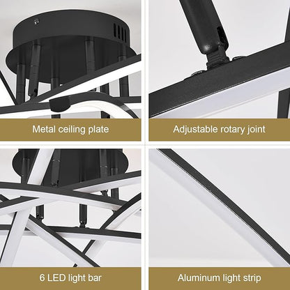 Modern 32.8" LED Chandelier Ceiling Light 6-Lights Black Dimmable Semi Flush Mount Ceiling Light Fixtures with Remote for Living Room Bedroom Kitchen 65 W 3000K-6000K