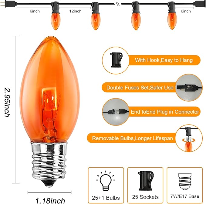 GOOTHY C9 Orange Christmas String Lights, 25Ft Outdoor Christmas Decorations Lights with 26 Incandescent Orange Bulbs, Hanging Patio Lights Waterproof for Roofline Backyard Outdoor Halloween Party