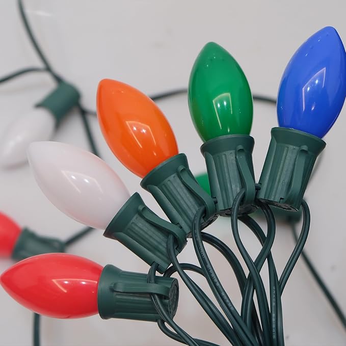 C9 Multicolor LED Christmas Light 25Ft Outdoor String Lights with 26 Plastic LED Bulbs(1 Spare), Connectable Vintage Christmas String Lights for Holiday Wedding Party Garden Home Decor, Green Wire