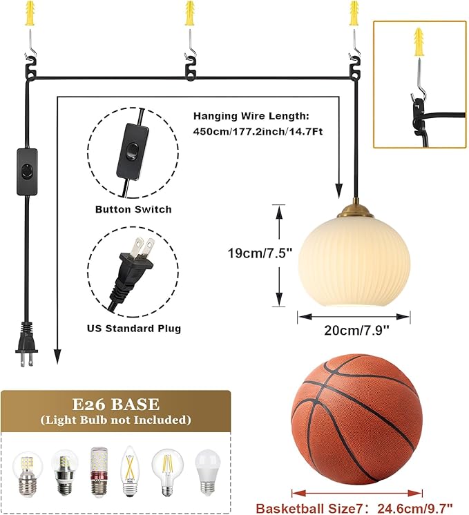 White Globe Pendant Light Plug in Hanging Light Fixtures Vintage Milk Glass Plug in Pendant Light Mid Century Foyer Light Fixtures Ceiling Hanging