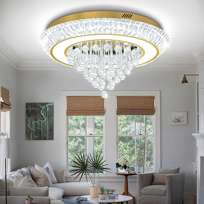 Modern LED Crystal Chandelier, Large Round Raindrop Chandelier for Living Dining Room 32in Gold Flush Mount Ceiling Light Kitchen Island Bar