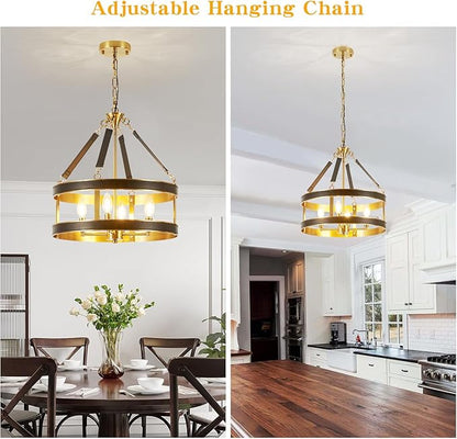 Farmhouse Ceiling Chandelier,18 Inch Antique bronze aluminum black leather belt trim Modern Rustic Hanging Pendant Ceiling Light Fixture for Living room, Dining room, Bedroom, Kitchen（4 Light）