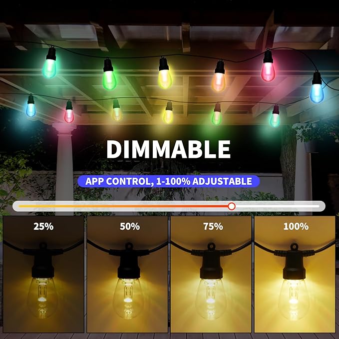 CAWWS Outdoor String Lights 100FT (2×50FT), Patio Lights with 40 Dimmable RGBW LED Bulbs, IP66 Waterproof & Shatterproof, APP & Remote Control, 24V Adapter, Color Changing Lights for Backyard Décor