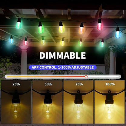 CAWWS Outdoor String Lights 50FT, Outdoor Lights for Patio with 20 Dimmable RGBW LED Bulbs, IP66 Waterproof Shatterproof, with APP Control & Remote, 24V Adapter Color Change,for Backyard Décor