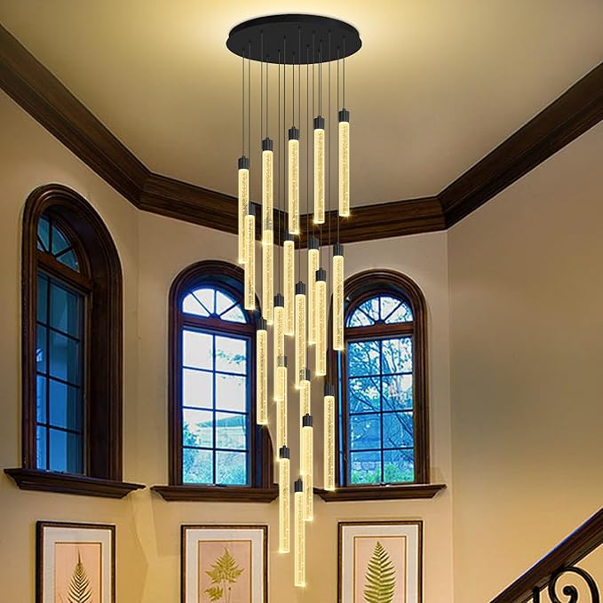 138'' Long Crystal Column Chandelier Extra Large Black Staircase High Ceiling Chandelier 20-Lights Dimmable Led Pendant Lighting Foyer Entryway Light Source is Replaceable