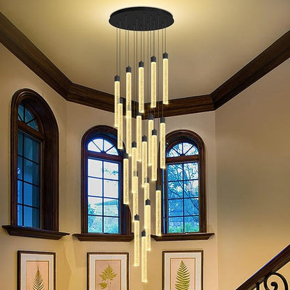 138'' Long Crystal Column Chandelier Extra Large Black Staircase High Ceiling Chandelier 20-Lights Dimmable Led Pendant Lighting Foyer Entryway Light Source is Replaceable