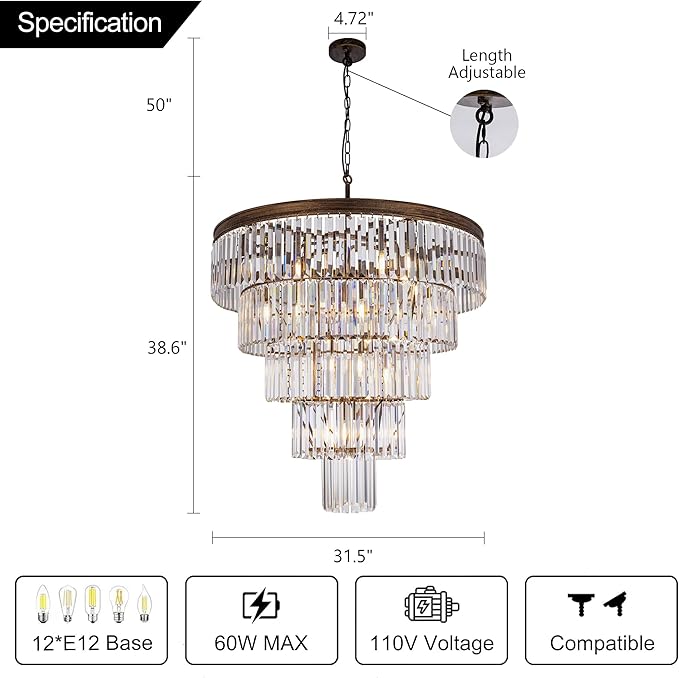 TOCHIC 10 Light Large Crystal Chandelier 31.5 inch, 5-Tier Contemporary Modern Bronze Crystal Chandeliers, Raindrop K9 Round Ceiling Light for Bathroom,Staircase, Entryway, Dining Room, Foyer, Kitchen