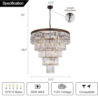 TOCHIC 10 Light Large Crystal Chandelier 31.5 inch, 5-Tier Contemporary Modern Bronze Crystal Chandeliers, Raindrop K9 Round Ceiling Light for Bathroom,Staircase, Entryway, Dining Room, Foyer, Kitchen