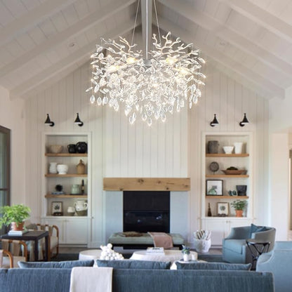 EGM 24-Inch Modern Crystal Chandeliers for Living Room, Silver Crystal Chandeliers for Dining Room, 8-Light Modern Raindrop Leaf Chandelier for Bedroom, Babyroom, E12