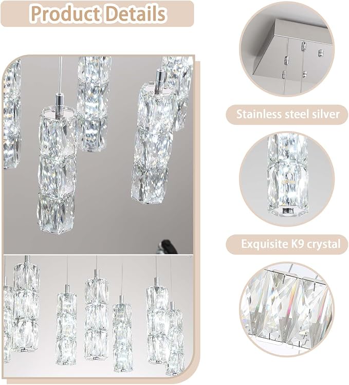 ykolupty Modern Rectangular Chandelier 16-Lights Crystal Chandeliers LED Dimmable Silver Linear Chandelier Flush Mount Crystal Pendant Light for Living Room Dining Room Foyer