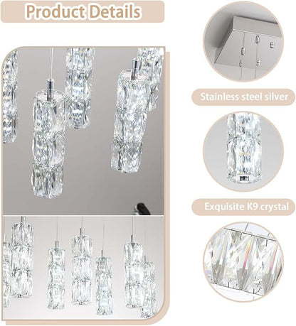 ykolupty Modern Rectangular Chandelier 16-Lights Crystal Chandeliers LED Dimmable Silver Linear Chandelier Flush Mount Crystal Pendant Light for Living Room Dining Room Foyer