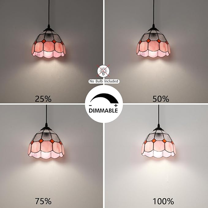 HuisMier Tiffany Hanging Pendant Light, Dimmable Pink Mini Plug in Light Fixture with 15 Ft Hanging Cord, Stained Glass Hanging Lamp for Bedroom Kitchen Dining Room Office, 7.9" Width