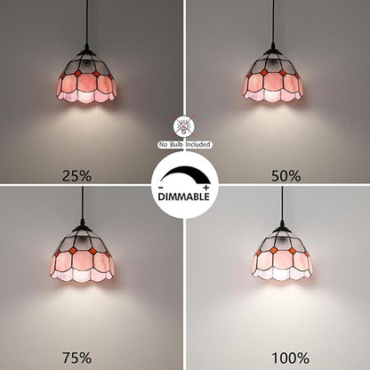 HuisMier Tiffany Hanging Pendant Light, Dimmable Pink Mini Plug in Light Fixture with 15 Ft Hanging Cord, Stained Glass Hanging Lamp for Bedroom Kitchen Dining Room Office, 7.9" Width