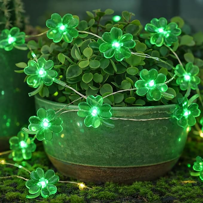 BOHON St Patricks Day Decorations Shamrocks String Lights Battery Operated 13 ft 40 LEDs Lucky Clover Green Lights for St Patrick's Day Accessories Office The Home Saint St. Patrick's Day Decor