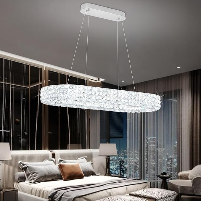 ykolupty Modern Crystal Chandelier, Dia 40" Rectangular Chandelier for Dining Room,Chrome Rectangle Crystal Ceiling Light Luxury Oval Chandeliers for Living Room Kitchen Island