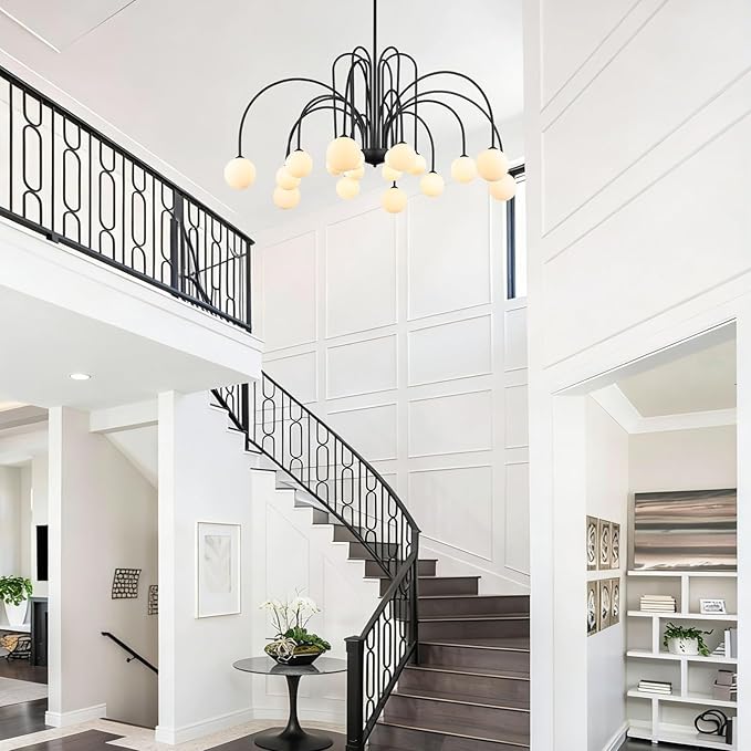 18 Lights Extra Large Sputnik Chandelier L59’’ Mid Century Black Milk Glass Globe Ceiling Pendant Light Fixture Contemporary for Foyer Staircase Living Dining Room High Ceiling