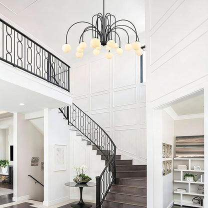 18 Lights Extra Large Sputnik Chandelier L59’’ Mid Century Black Milk Glass Globe Ceiling Pendant Light Fixture Contemporary for Foyer Staircase Living Dining Room High Ceiling