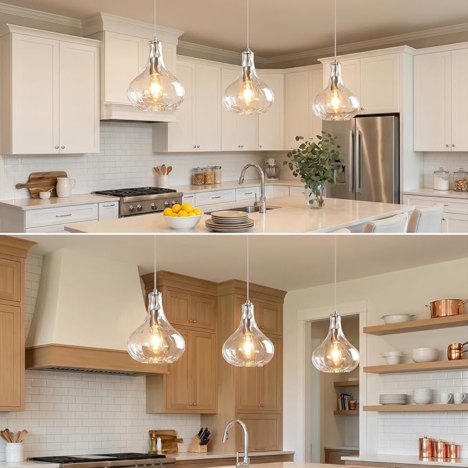 Modern Glass Pendant Light 9.44 in Clear Hammered Glass Shade Brushed Nickel Farmhouse Island Pendant Lights for Kitchen Pendant Lighting Over Sink Bedroom Dining Room