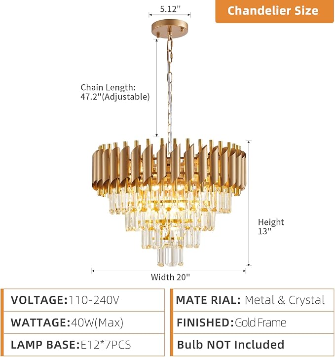 Modern Crystal Chandelier Gold Chandeliers 4-Tier 20 Inch Round Hanging Crystal Pendant 7 Lights Fixture for Dining Room Bedroom Living Room Farmhouse