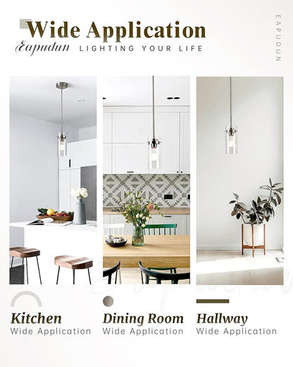 EAPUDUN Pendant Light Fixtures, Brushed Nickel Finish Kitchen Lights Ceiling, Clear Glass Pendant Lights Kitchen Island-PDA1353-A-BNK