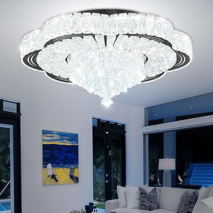 Modern Crystal Chandelier for Living Room Black 24in Crystal Raindrop Ceiling Light for Room Bedroom LED Dimmable 2700-6000K