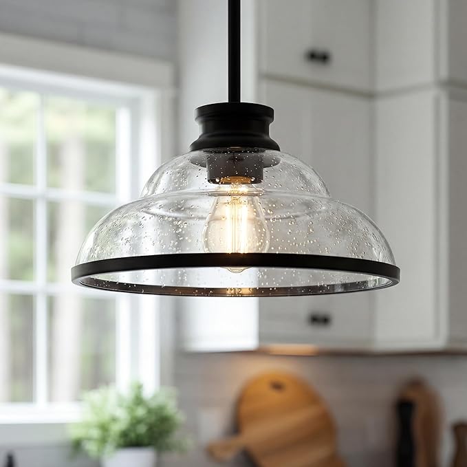 kudos Pendant Lights Kitchen Island, 11" Black Pendant Lights with Seeded Glass Shade, Farmhouse Large Pendant Light fixtures for Kitchen Sink Dining Room Hallways, KDPL14-BK