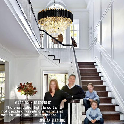 Modern Chandelier Gold and Black Chandeliers 5-Tier Chandelier Crystal Round Hanging Crystal Pendant Light Fixture for Dining Room Bedroom Living Room Foyer Farmhouse W24in 12 Lights